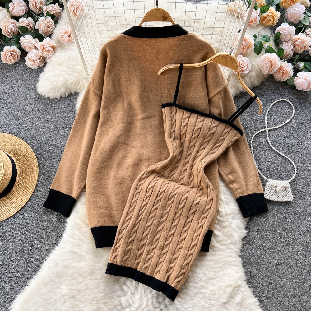 Set áo len kèm váy 2 dây họa tiết xoắn nữ tính