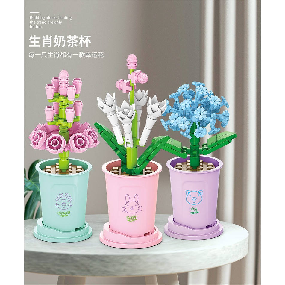 Đồ chơi lắp ráp mô hình Hoa May Mắn ứng với 12 Con Giáp, mô hình lắp ráp Chậu Hoa Mini để trang trí decor bàn học