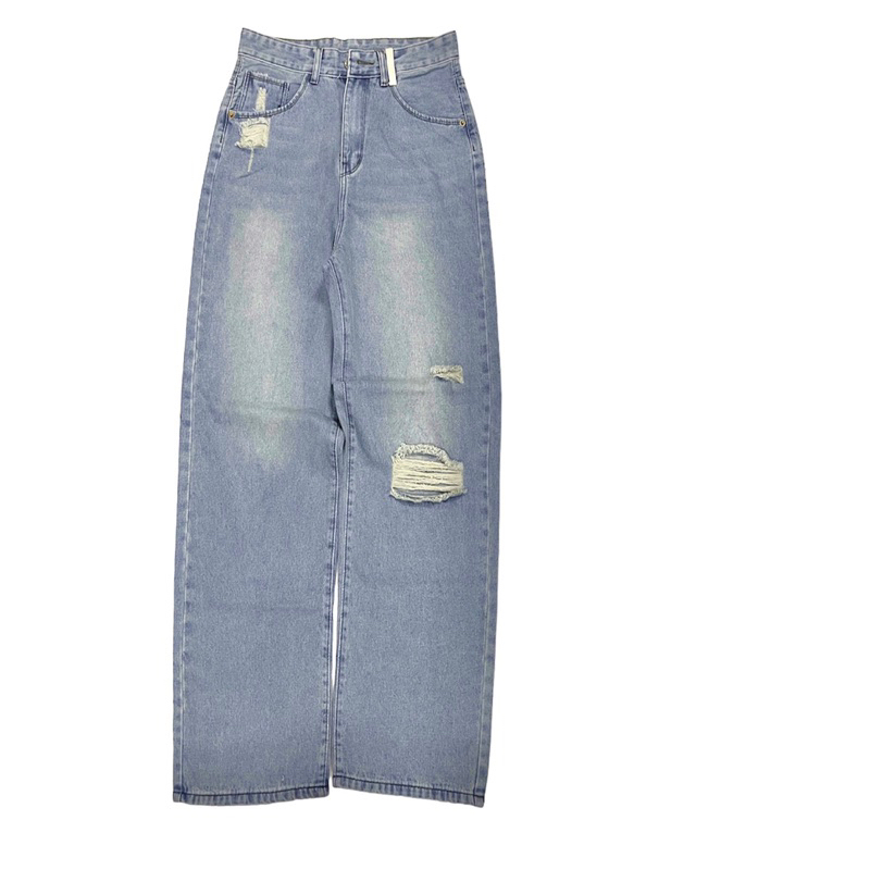 Quần Suông Dài Jeans Phối Túi Thêu, Lưng Cao, Xanh Nhạt Rêu 1160 Không Giãn