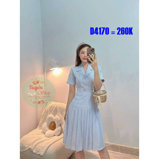 Đầm sơ mi xếp ly sọc kẻ nhuyễn