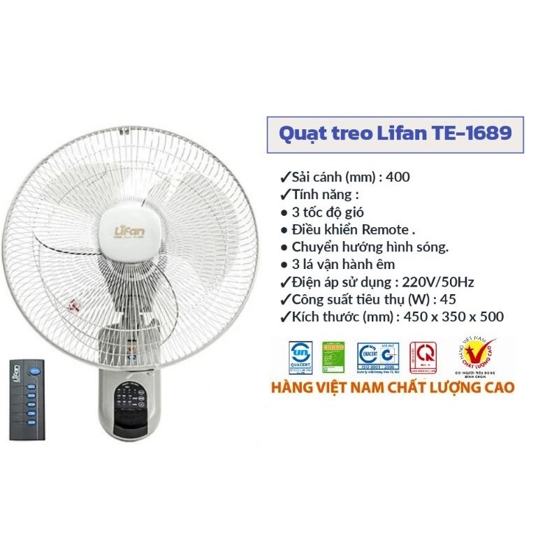 Quạt Treo Tường remote Lifan TE-1689 ( đảo hình sóng)