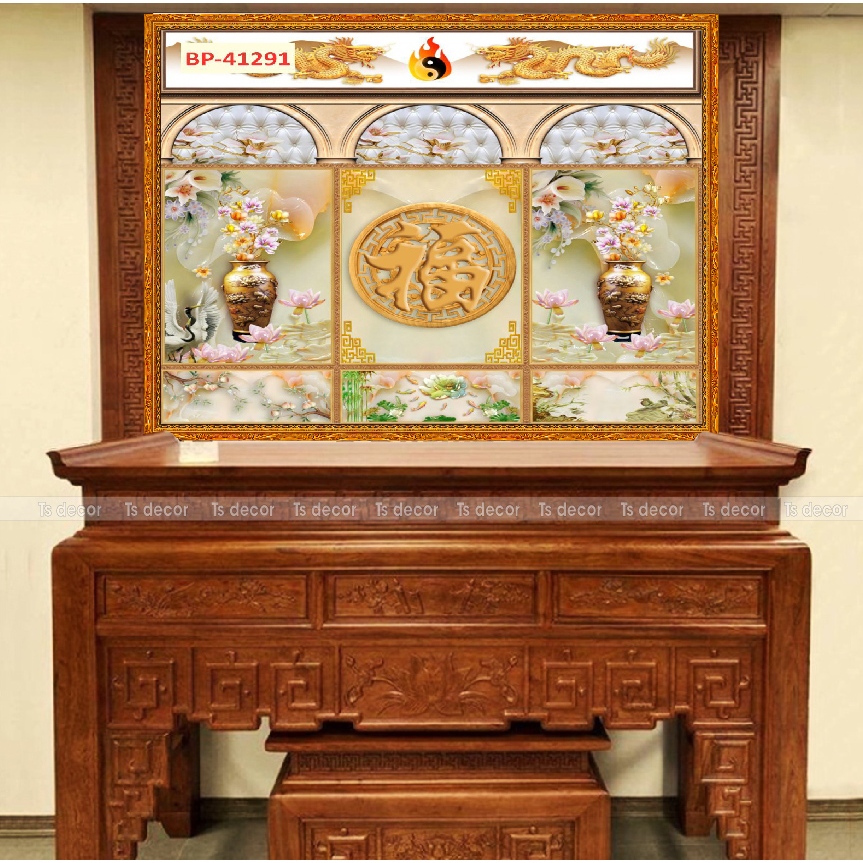 Tranh Decal 3D dán tường Bàn thờ gia tiên 3D bóc dính keo sẵn