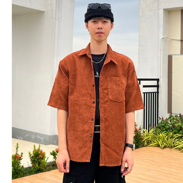 NEW! Áo Sơ Mi Nhung Tăm Cộc Tay Phối Túi Trước Form Rộng 1HIT_UNISEX