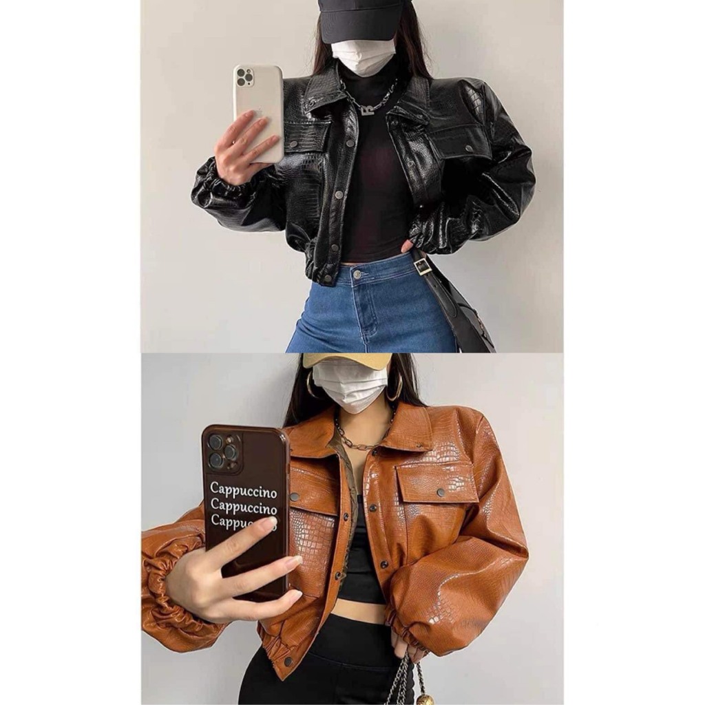 Áo khoác da vân dáng ngắn bo gấu - A103