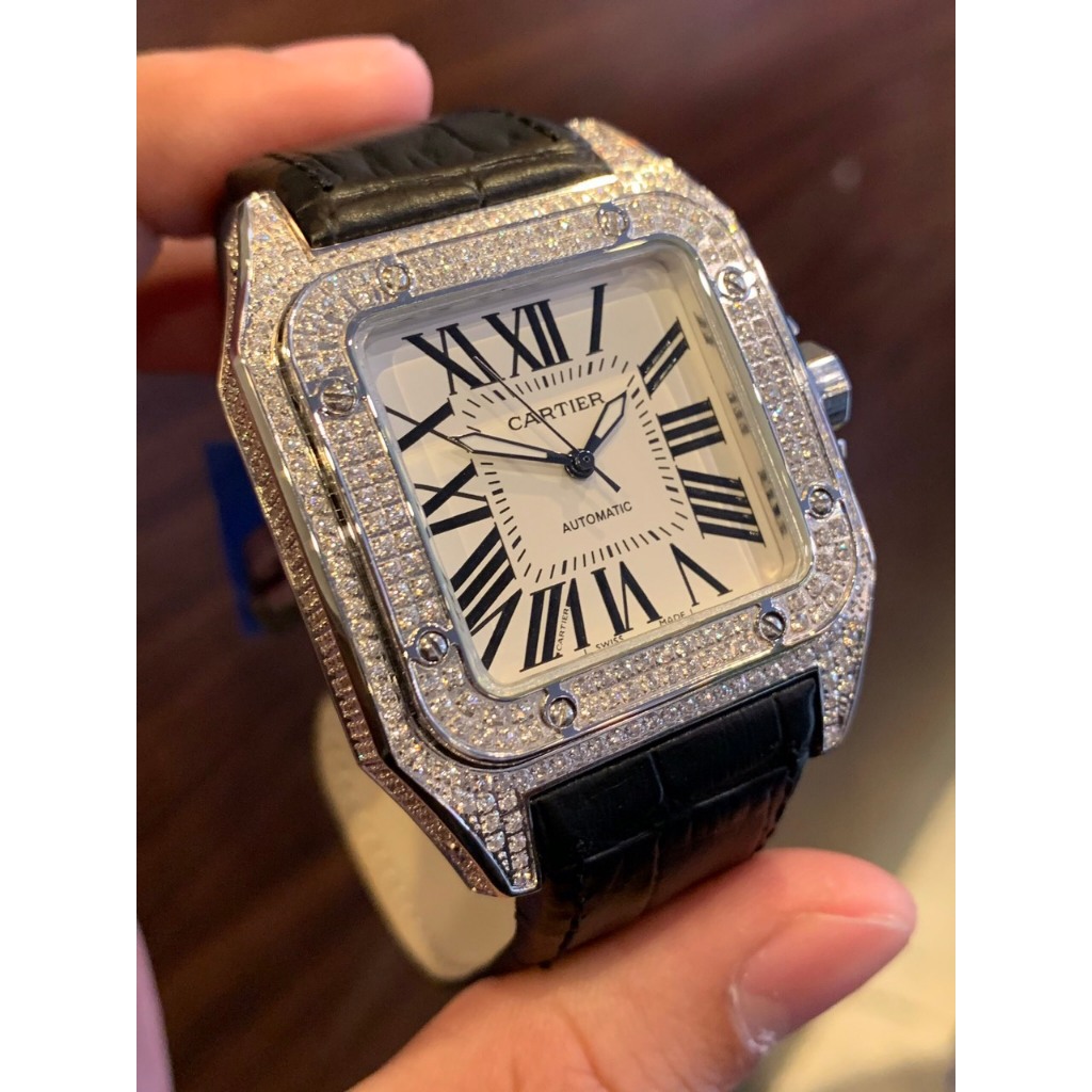 Đồng hồ nam Cartier Santos 40mm máy cơ Miyota Nhật, full đá CZ, dây da cá sấu cao cấp