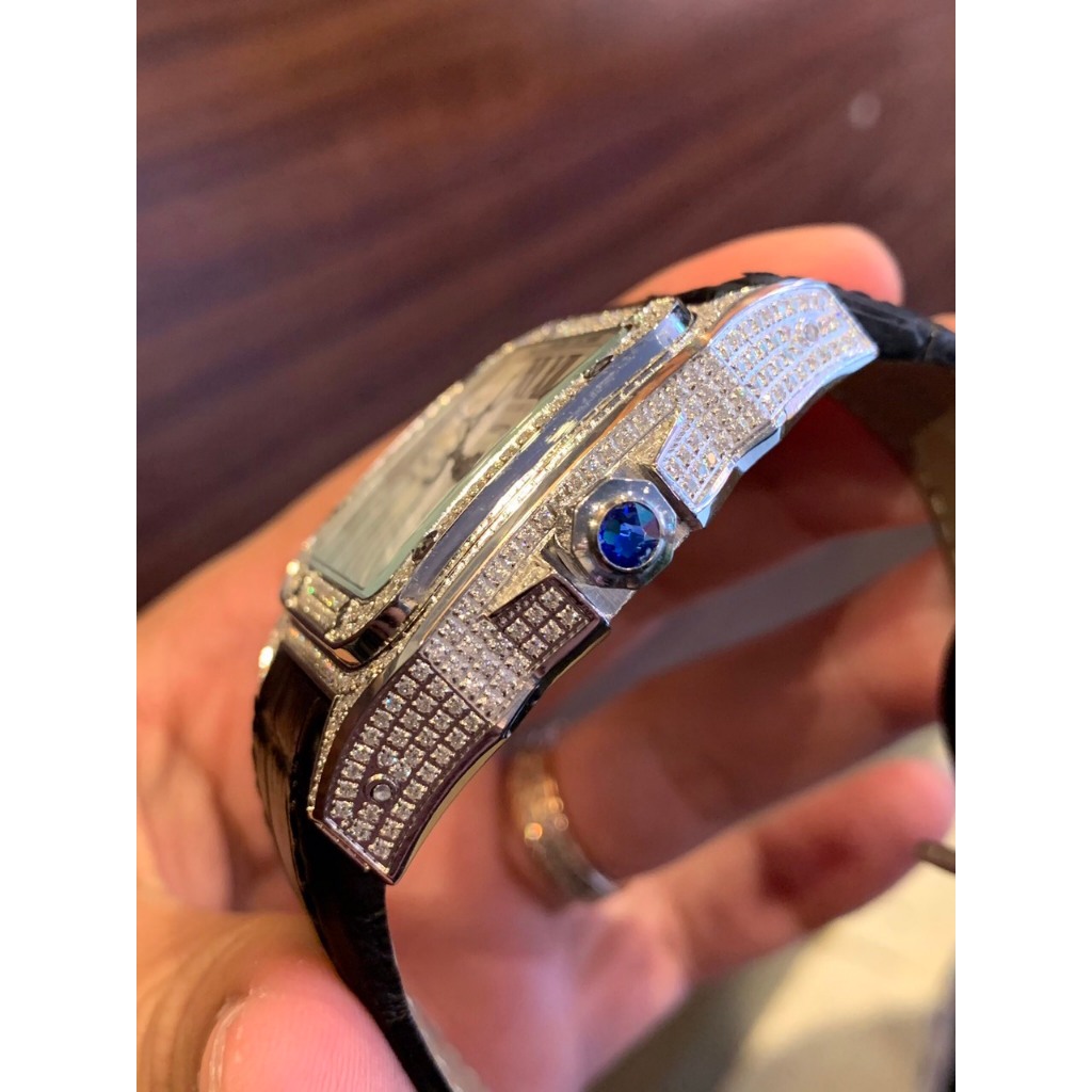 Đồng hồ nam Cartier Santos 40mm máy cơ Miyota Nhật, full đá CZ, dây da cá sấu cao cấp