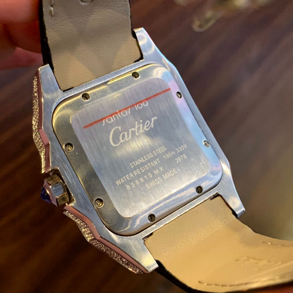 Đồng hồ nam Cartier Santos 40mm máy cơ Miyota Nhật, full đá CZ, dây da cá sấu cao cấp