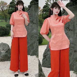 Set bộ nữ gấm tay phồng nhiều màu đồ lam đi chùa