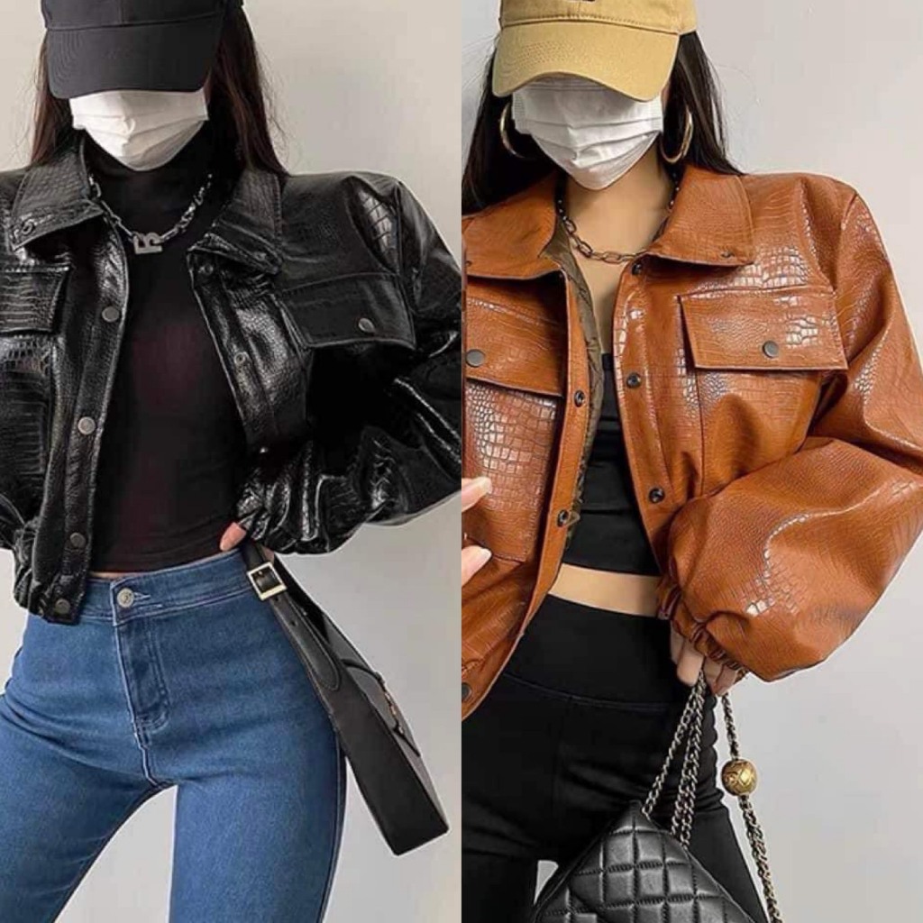 Áo khoác da vân dáng ngắn bo gấu - A103