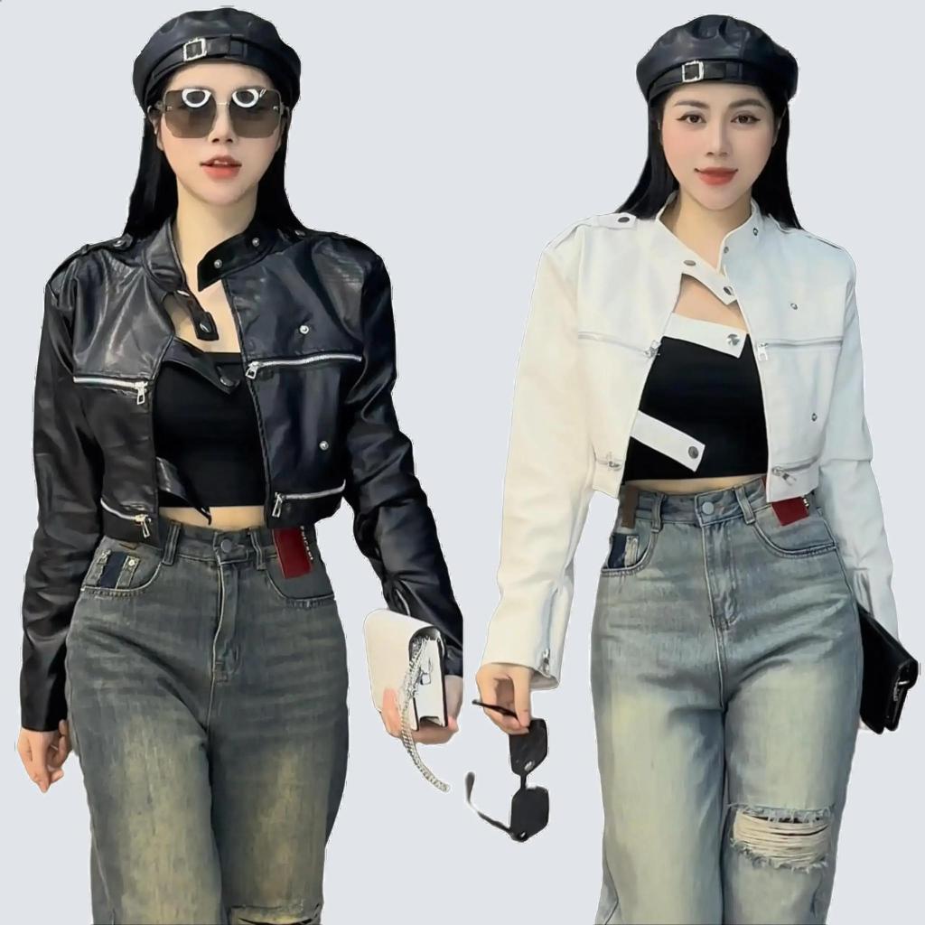 Áo khoác da dáng ngắn phối khóa ngang - A104