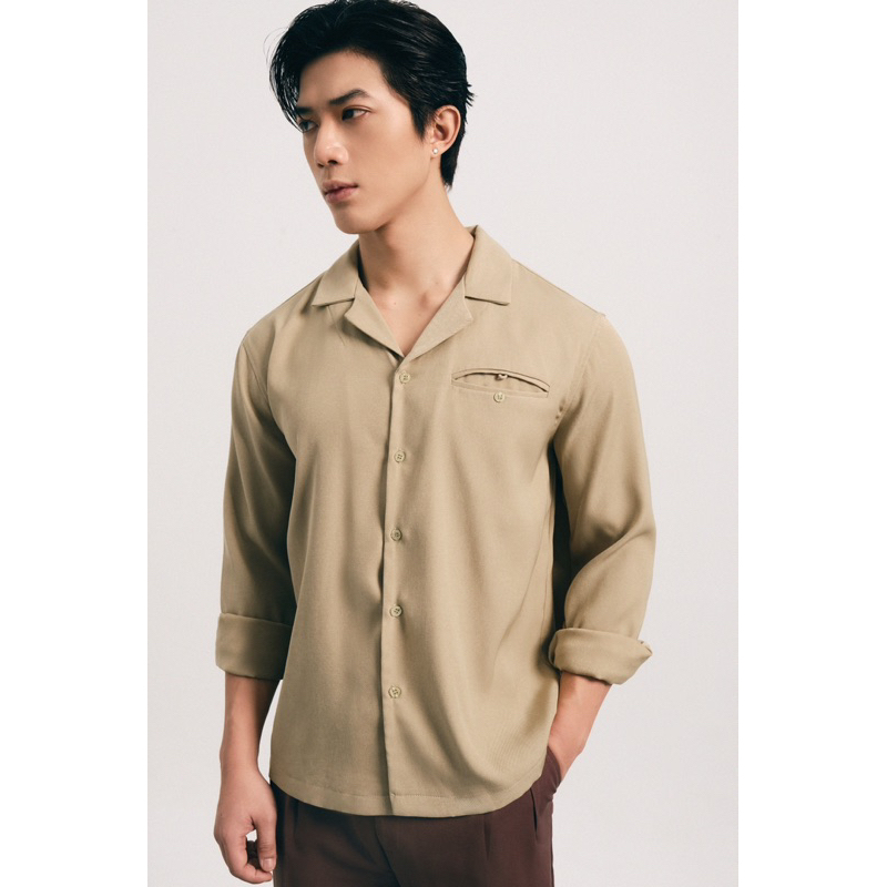 Áo sơ mi dài tay Robus chất cotton Ý dày dặn cổ danton Camel shirt