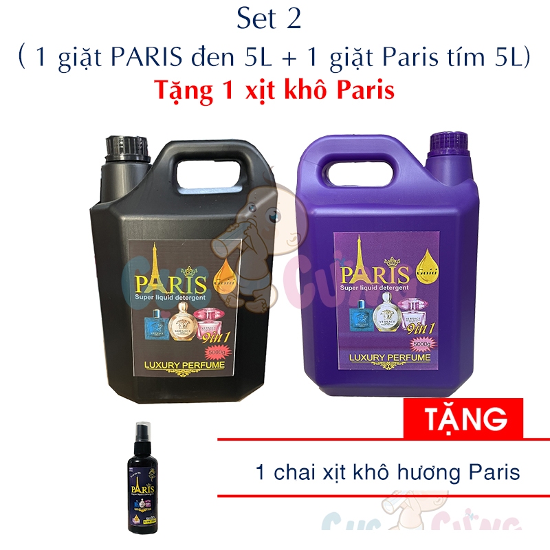 Set 2 bình Nước Giặt Paris Thái Lan 5 (Tím 5L+Đen 5L) hương nước hoa TẶNG 1 chai xịt khô hương Paris