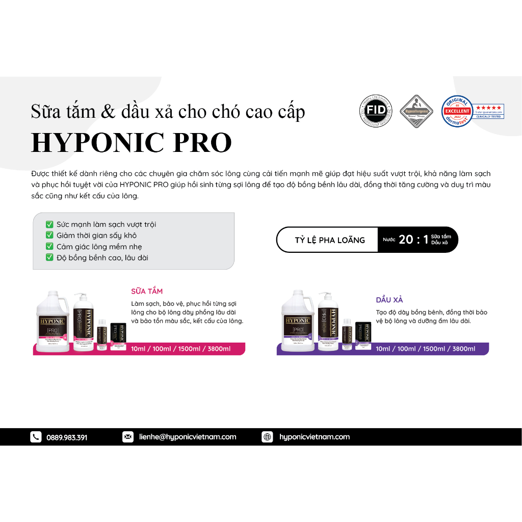 10ml - Sữa tắm cho chó cao cấp HYPONIC PRO, làm sạch & dày lông chó cưng