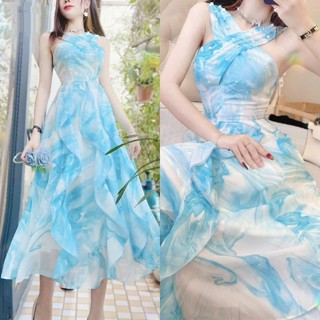 Đầm Nữ Maxi Họa Tiết Cổ Yếm Phối Bèo Trước Đóng Cườm Sam Closet Phù Hợp Để Tới Công Sở, Đi Làm Hoặc Đi Chơi.