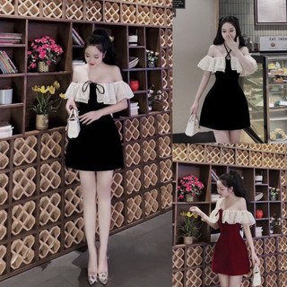 Đầm Nữ Nhung Dây Cổ Tay Bệt Vai Phối Tơ Cột Nơ Ngực Sam Closet Phù Hợp Để Tới Công Sở, Đi Làm Hoặc Đi Chơi.