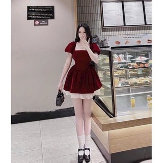 Đầm Xòe Nhung Tay Phồng Cổ Vuông Phối Bèo Lai Tơ Sam Closet Phù Hợp Để Tới Công Sở, Đi Làm Hoặc Đi Chơi.