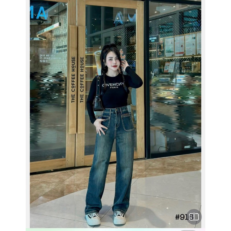 Quần bò dáng xuông túi trước vuông kèm đai hàng QCL1