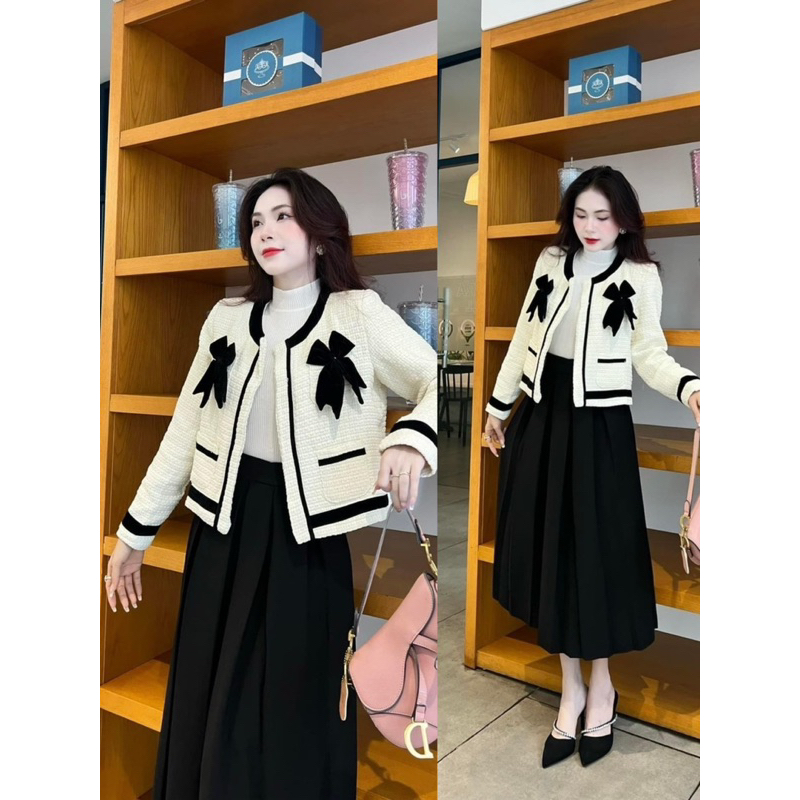 Áo khoác dạ nơ tay dài cổ tròn có đệm vai hàng loại 1 siêu xinh