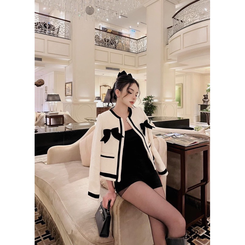 Áo khoác dạ nơ tay dài cổ tròn có đệm vai hàng loại 1 siêu xinh