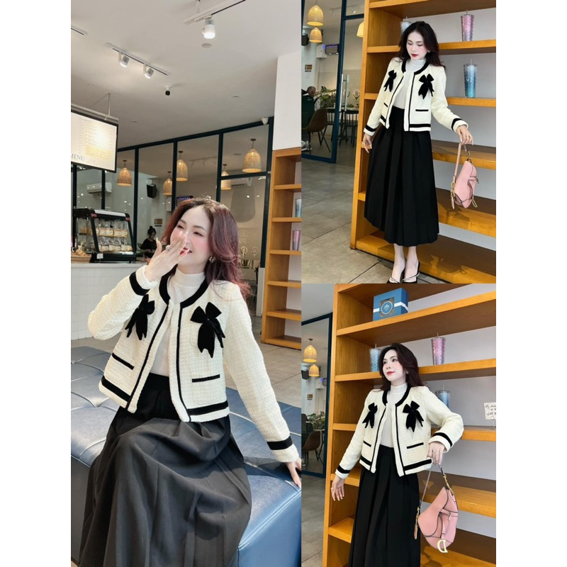 Áo khoác dạ nơ tay dài cổ tròn có đệm vai hàng loại 1 siêu xinh