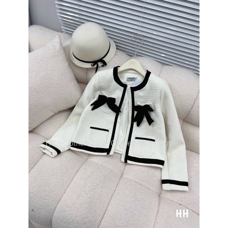 Áo khoác dạ nơ tay dài cổ tròn có đệm vai hàng loại 1 siêu xinh