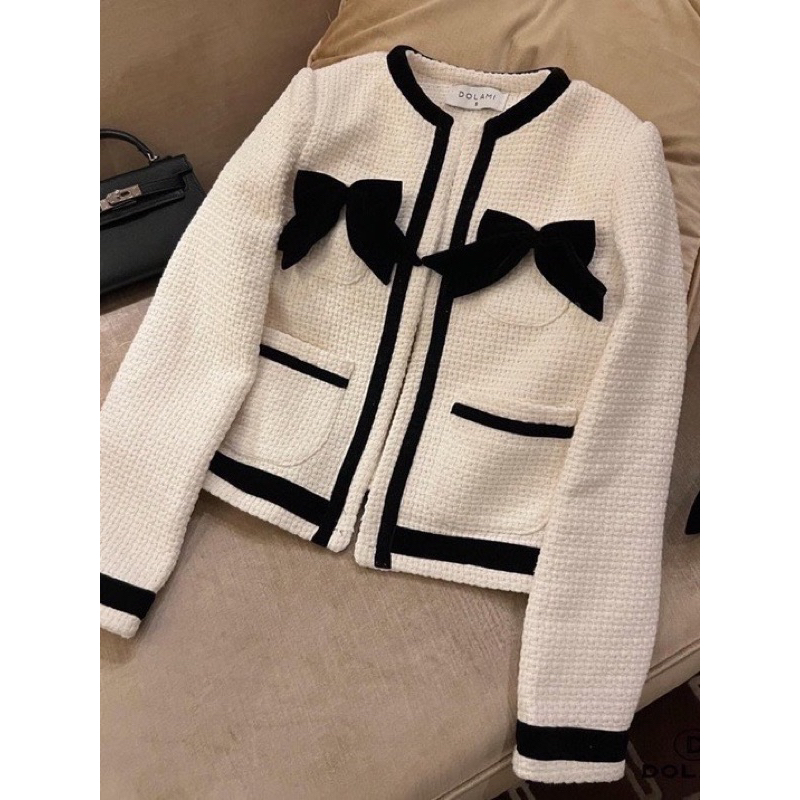 Áo khoác dạ nơ tay dài cổ tròn có đệm vai hàng loại 1 siêu xinh