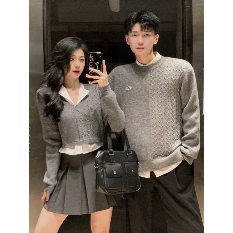 Áo len đôi nam nữ croptop dày đẹp đi đà lạt màu ghi xám thiết kế giả sơ mi dành cho cặp đôi COUPLE L