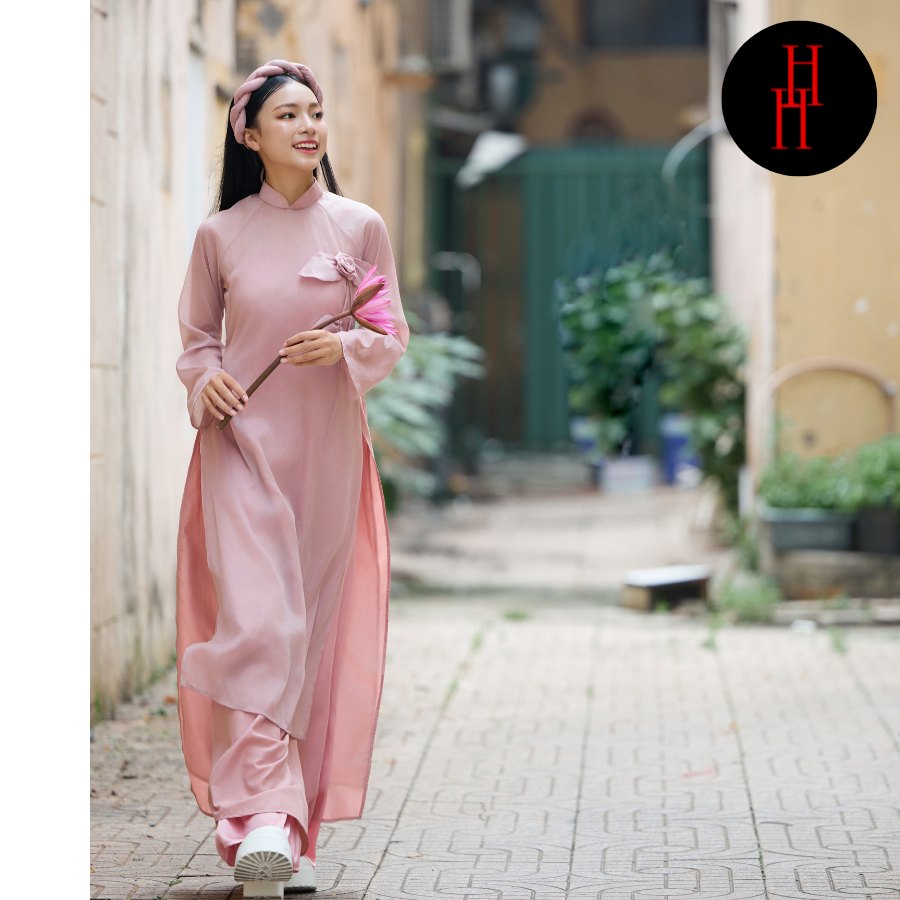 Áo dài voan HS156 màu hồng kết hoa lá kèm mấn Hỉn Hỉn Store