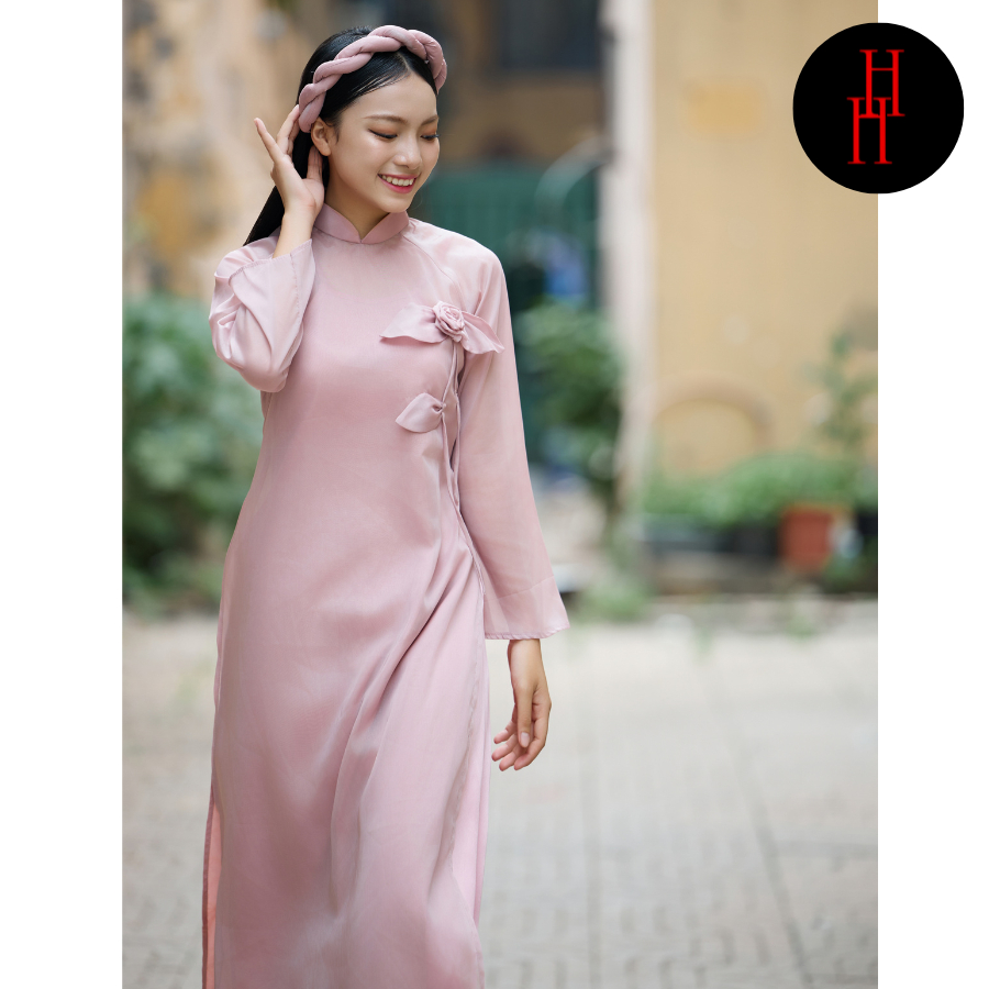Áo dài voan HS156 màu hồng kết hoa lá kèm mấn Hỉn Hỉn Store