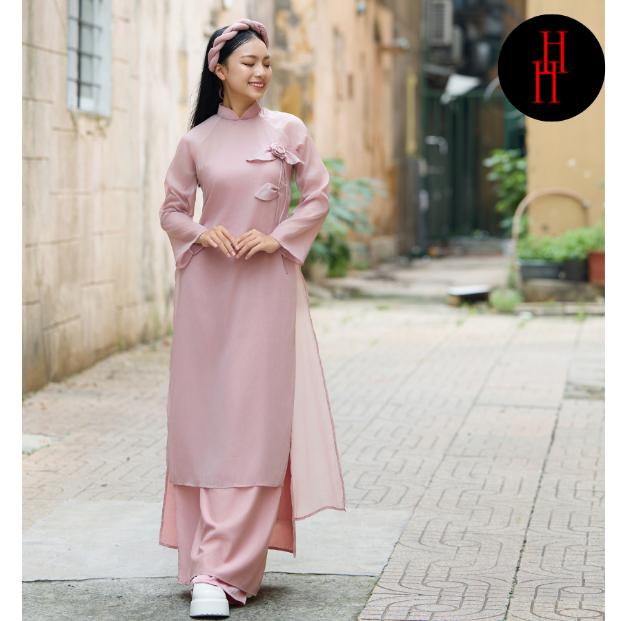 Áo dài voan HS156 màu hồng kết hoa lá kèm mấn Hỉn Hỉn Store