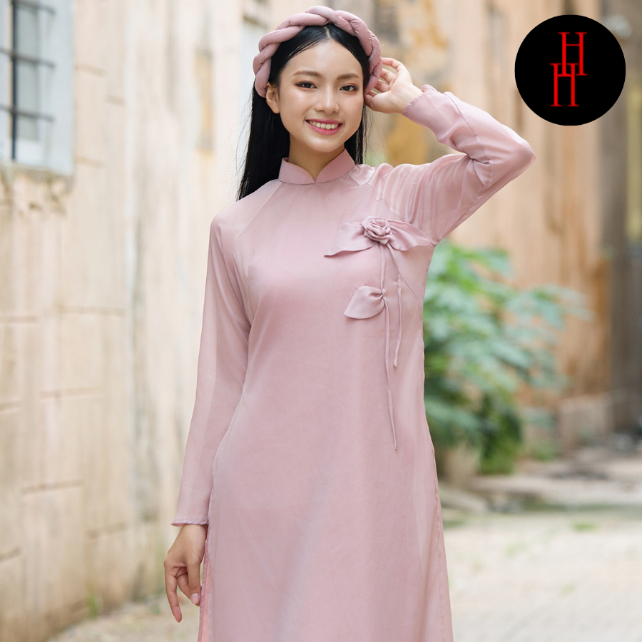 Áo dài voan HS156 màu hồng kết hoa lá kèm mấn Hỉn Hỉn Store