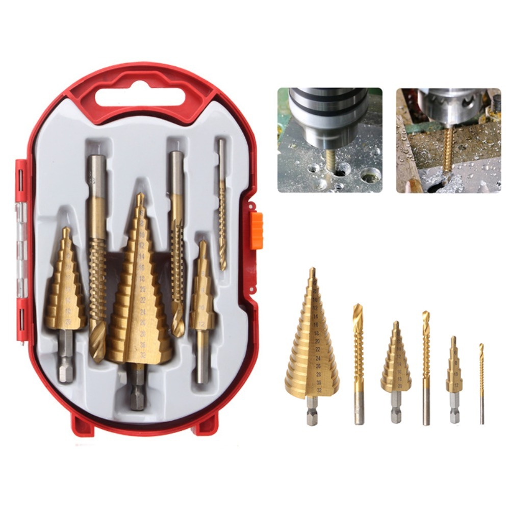 6 Mũi Khoan HSS，mũi khoan khoét lỗ đa năng,Mũi khoan hình nón thép HSS phủ titan cỡ 4-12/20/32mm