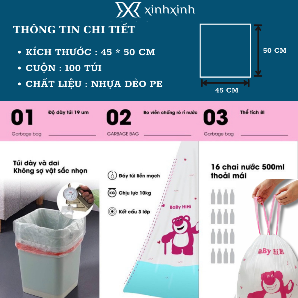 Cuộn 100 Túi Đựng Rác Gấu Dâu Có Dây Rút Tiện Lợi , Kích Thước 45 x 50 cm , Chịu Được Nước Nóng , Chống Rò Rỉ Nước