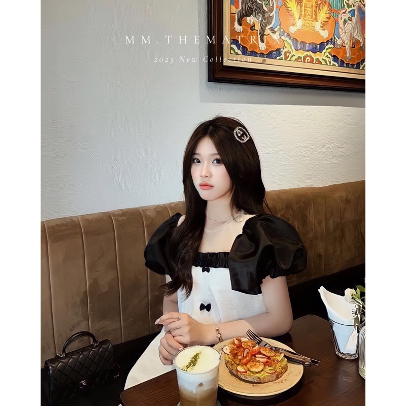 Đầm tay phồng phối lưới fom chữ A phối nơ sang chảnh có xếp li túi túi sườn