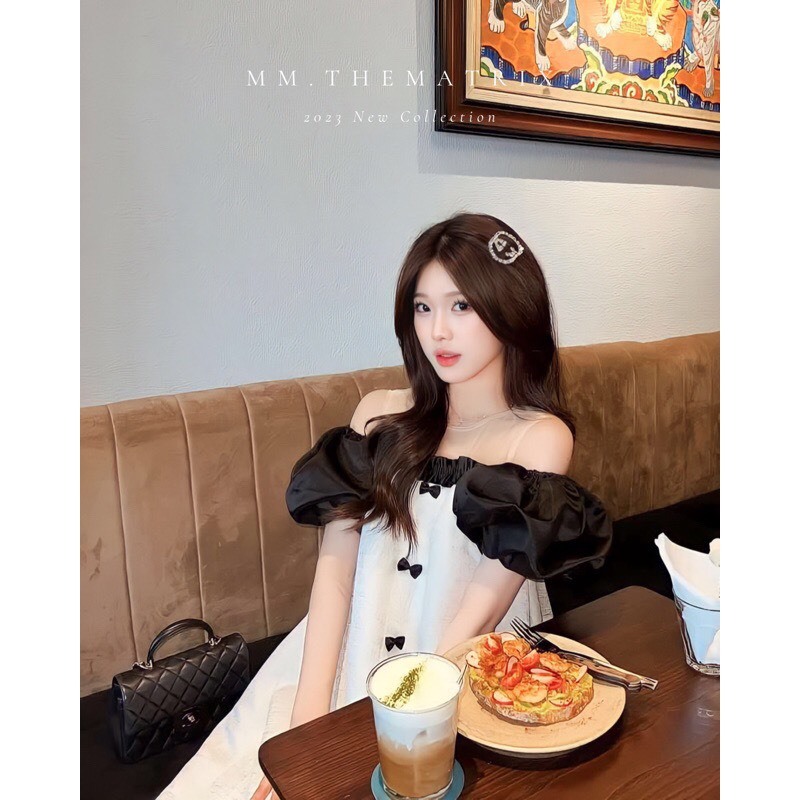 Đầm tay phồng phối lưới fom chữ A phối nơ sang chảnh có xếp li túi túi sườn