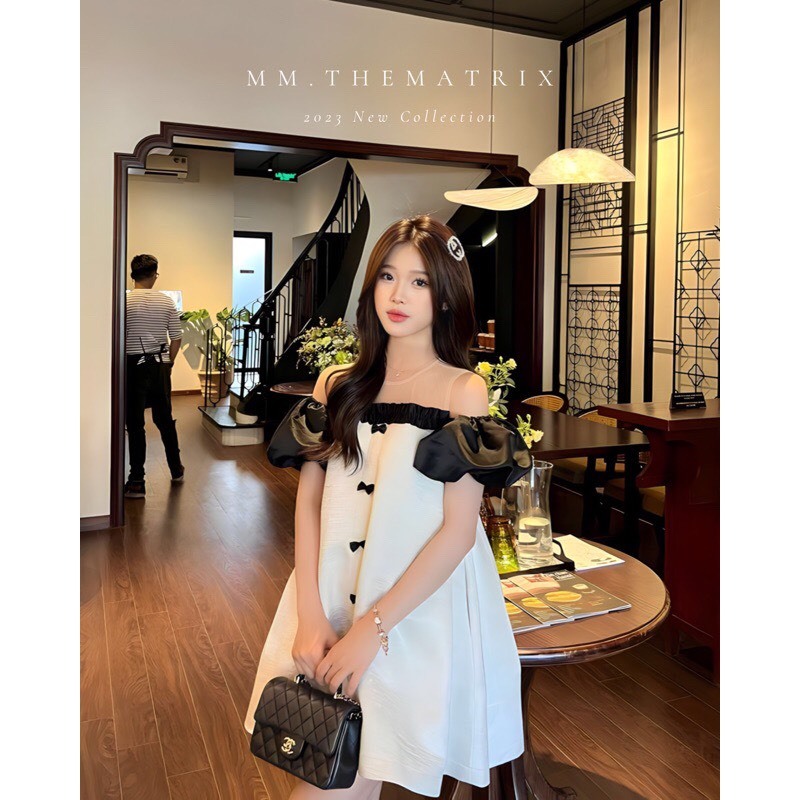 Đầm tay phồng phối lưới fom chữ A phối nơ sang chảnh có xếp li túi túi sườn