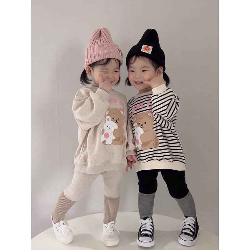 ✨MALINHKID✨BN071-Bộ nỉ GẤU LOVE IT màu xám mix legging trẻ em VNXK