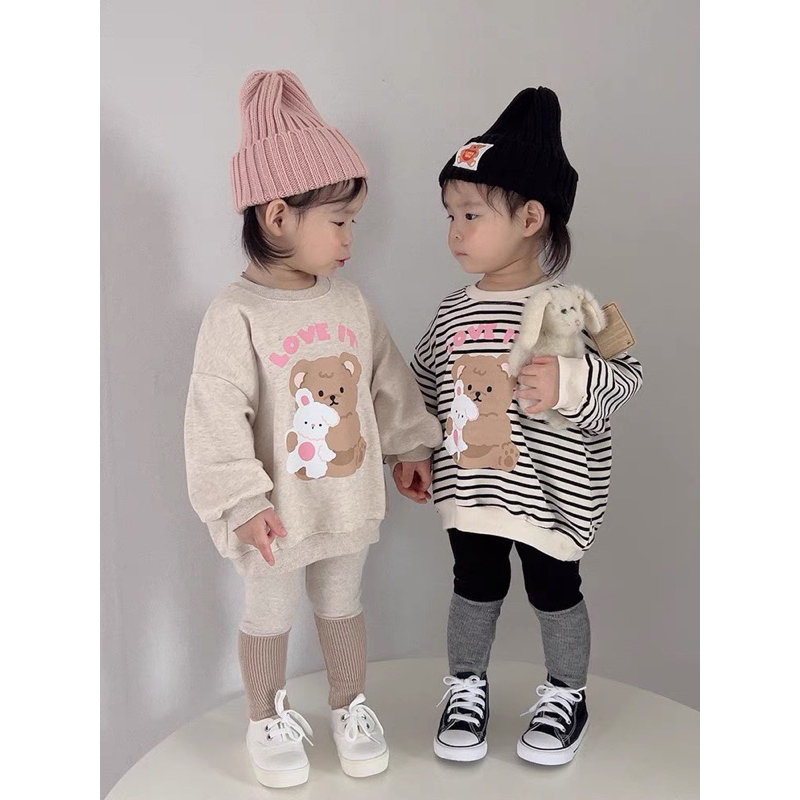 ✨MALINHKID✨BN071-Bộ nỉ GẤU LOVE IT màu xám mix legging trẻ em VNXK