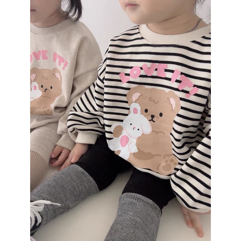 ✨MALINHKID✨BN071-Bộ nỉ GẤU LOVE IT màu xám mix legging trẻ em VNXK