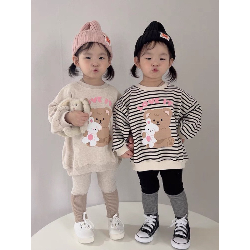 ✨MALINHKID✨BN071-Bộ nỉ GẤU LOVE IT màu xám mix legging trẻ em VNXK