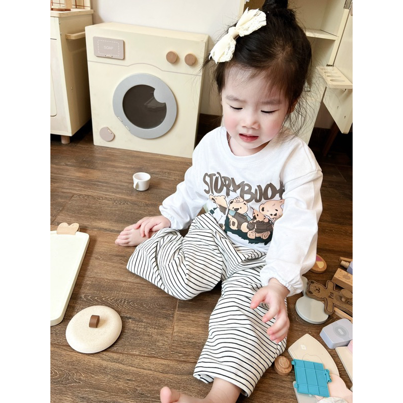 ✨MALINHKID✨BT005- Bộ áo thun STORY  tay bồng mix quần suông kẻ ngang trẻ em VNXK