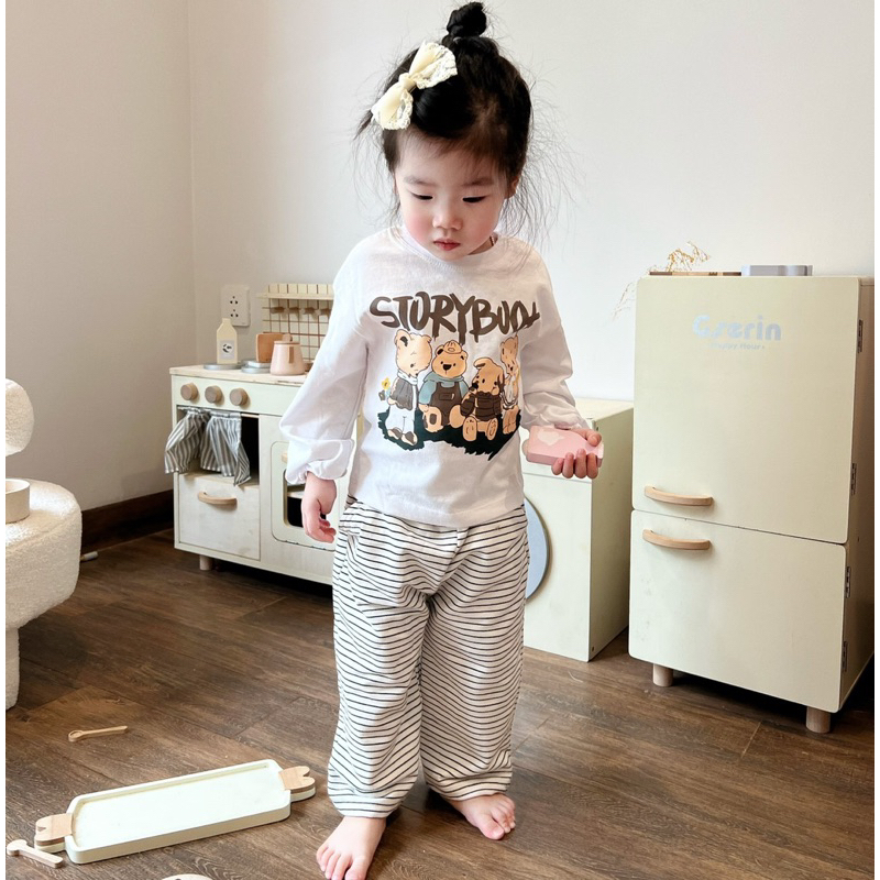 ✨MALINHKID✨BT005- Bộ áo thun STORY  tay bồng mix quần suông kẻ ngang trẻ em VNXK