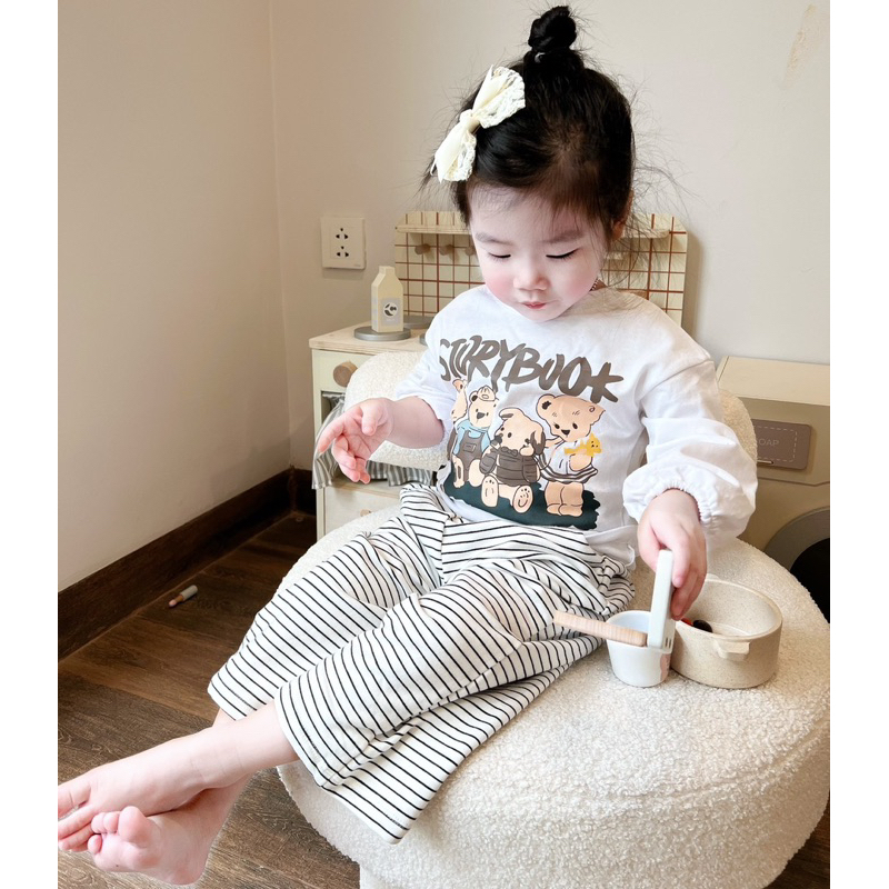 ✨MALINHKID✨BT005- Bộ áo thun STORY  tay bồng mix quần suông kẻ ngang trẻ em VNXK