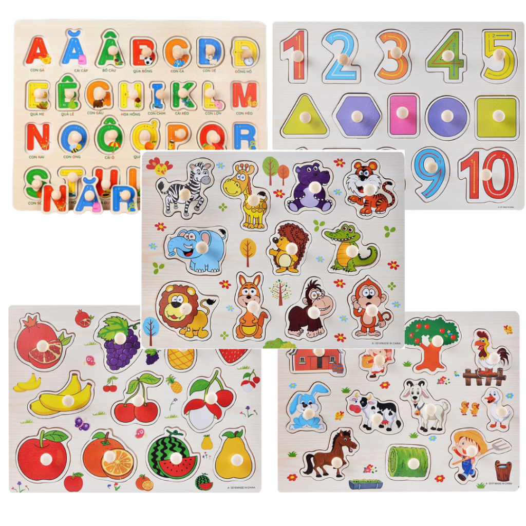 Combo 5 bảng núm gỗ ngẫu nhiên  tặng kèm hộp đựng - Đồ chơi gỗ giáo dục