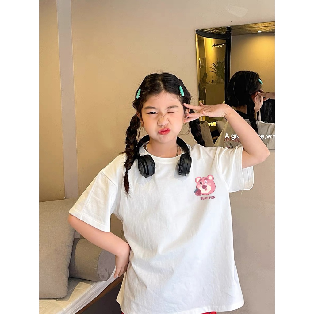 Áo thun bé gái 10 tuổi UTO áo ngắn tay chất cotton mềm mịn thoáng mát in hoạt hình gấu dâu lotso mẫu mới T0072
