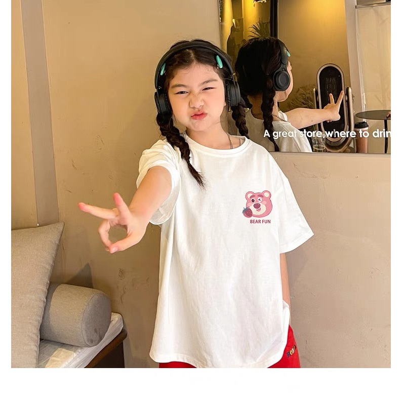 Áo thun bé gái 10 tuổi UTO áo ngắn tay chất cotton mềm mịn thoáng mát in hoạt hình gấu dâu lotso mẫu mới T0072