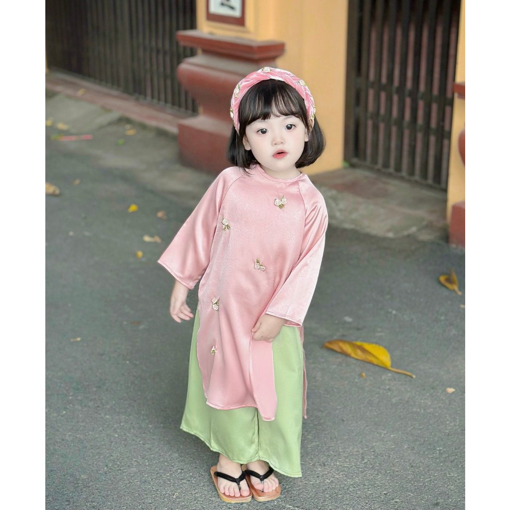 Áo Dài Lụa Hồng Phấn Cho Bé Gái, Áo Dài Cho Bé 8-25kg Phối Màu Xanh Hồng Kèm Khăn Cho Bé Mặc Tết, Đi Chơi