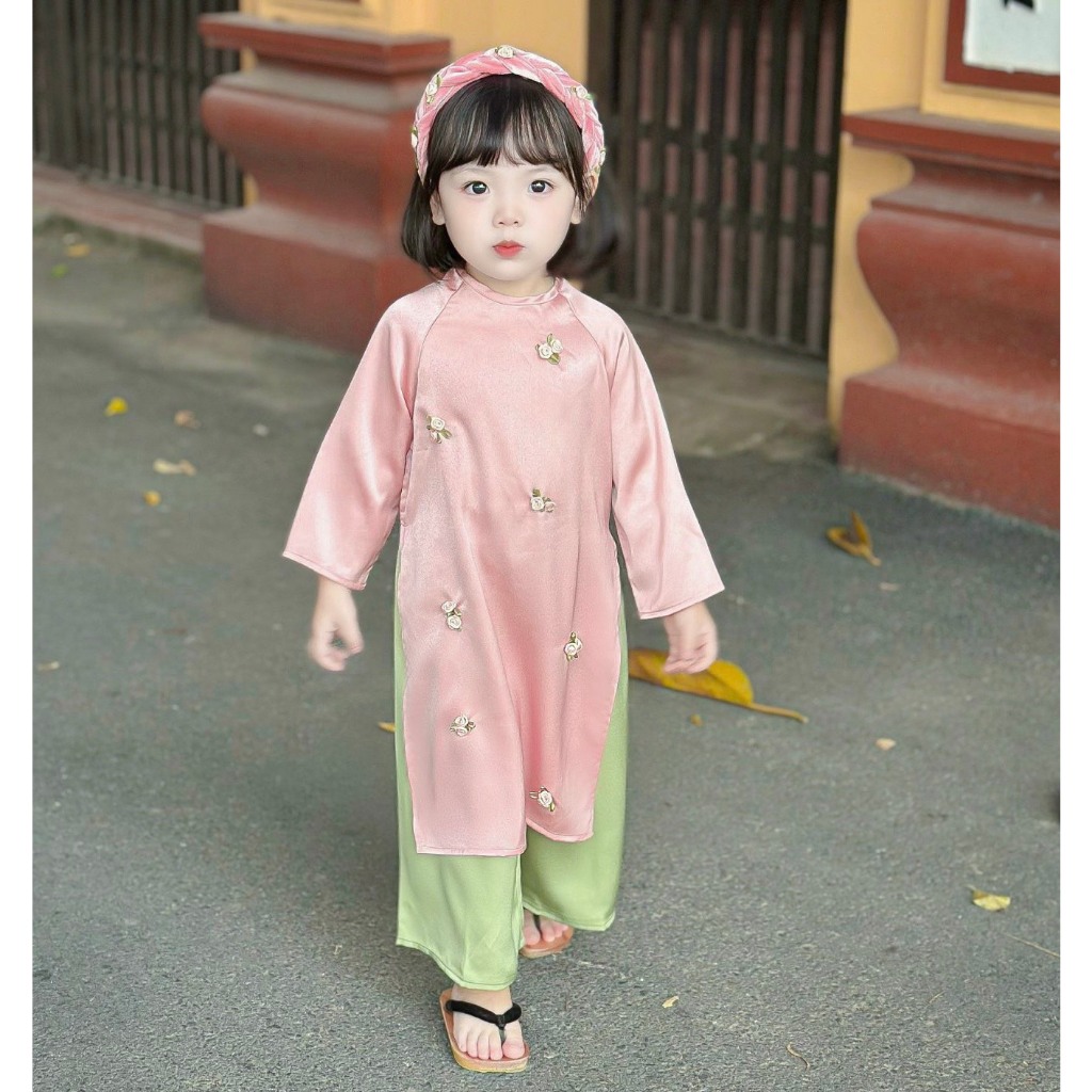 Áo Dài Lụa Hồng Phấn Cho Bé Gái, Áo Dài Cho Bé 8-25kg Phối Màu Xanh Hồng Kèm Khăn Cho Bé Mặc Tết, Đi Chơi