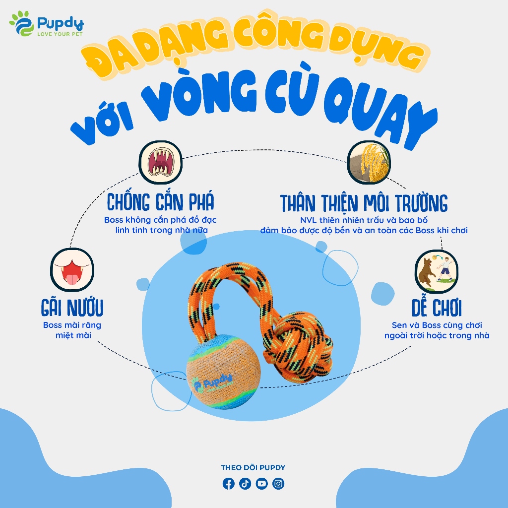 Đồ chơi banh trấu kết hợp với dây thắt nút cho chó, mèo - Pupdy Bóng Cù Quay - Pickoo Ball
