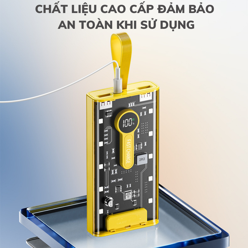 Sạc Dự Phòng Trong Suốt 20000mAh Với Cổng Sạc Nhanh 22.5w và PD 20W Kèm 4 Đầu Sạc Màn Hình LED Thiết Kế Đơn Giản